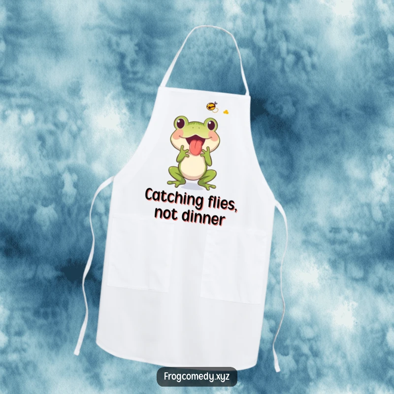 Funny frog character with its tongue snatching a fly, printed on a functional and humorous kitchen apron.