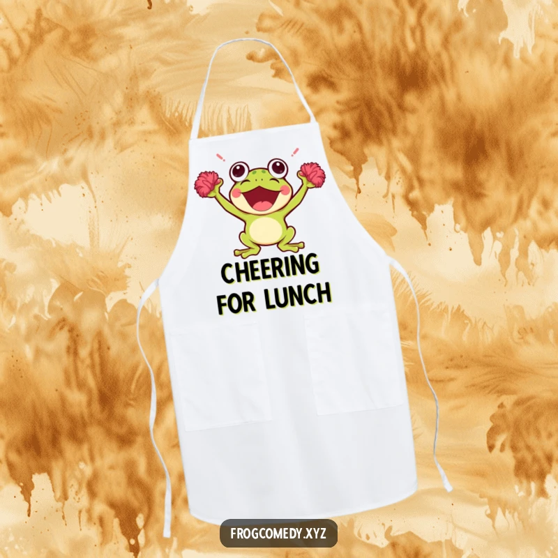 Funny Kawaii Frog Apron: A fun apron with a cheering Kawaii frog holding pom-poms, perfect for cooking, baking, or hosting with a humorous touch.