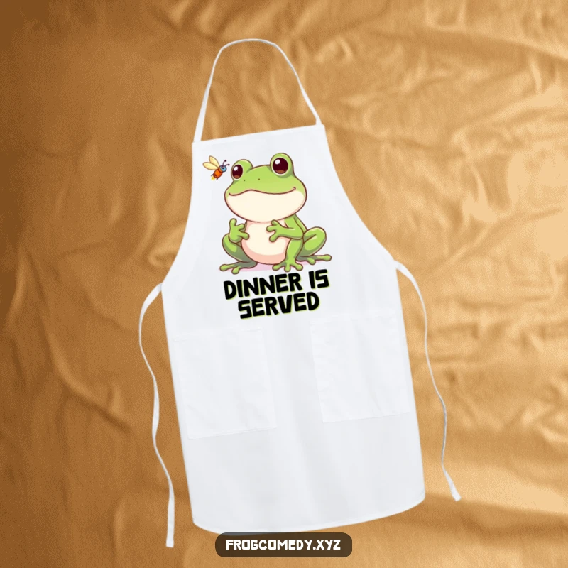 Funny frog apron, a grinning frog catching a fly, playful kitchen wear.