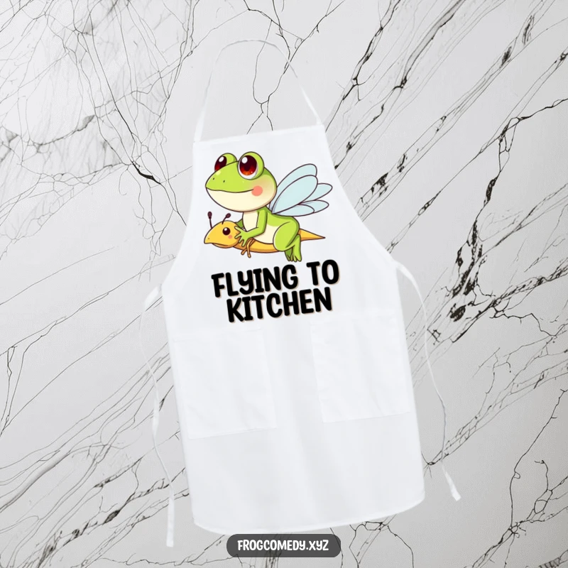 Funny apron with a frog character riding a friendly dragonfly, ideal for adding whimsical charm to cooking.