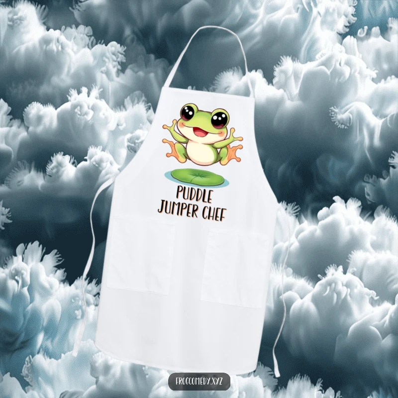 Funny frog with big eyes, joyfully leaping from a lily pad, on a kitchen apron, for humorous and practical use.