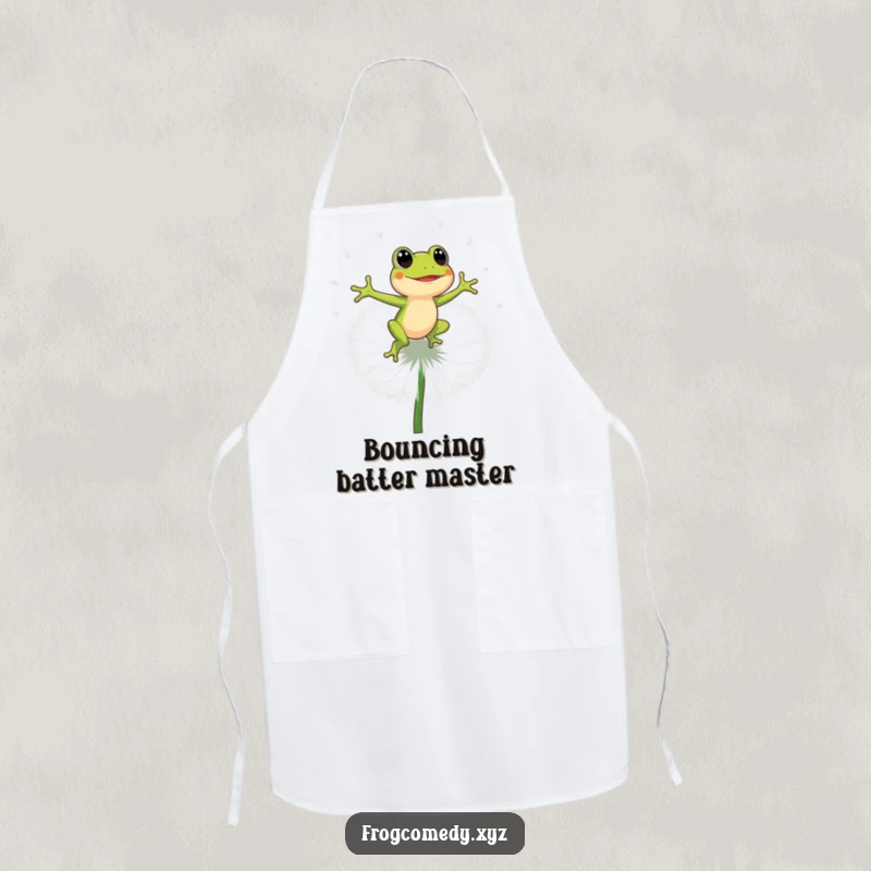 Funny energetic frog bouncing on a large dandelion puff, cute kitchen apron, cooking accessory, humorous gift for home cooks.