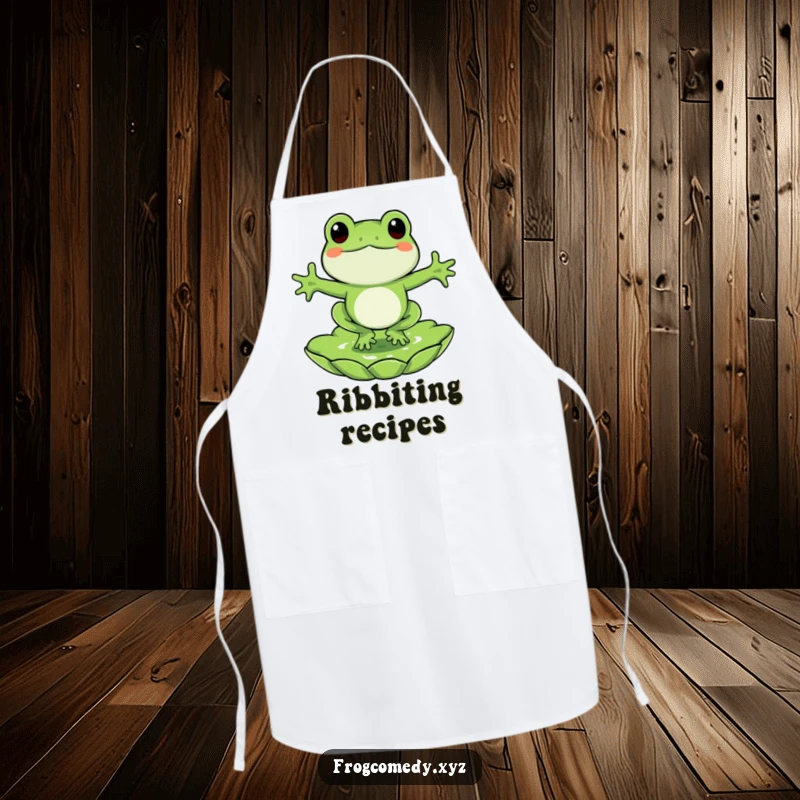 Funny frog apron, a happy frog jumping onto a lily pad, playful kitchen wear.