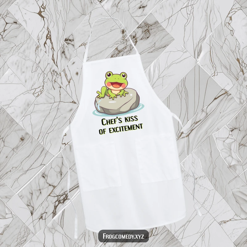 Funny kitchen apron showing a happy frog gleefully sliding down a smooth, wet rock.