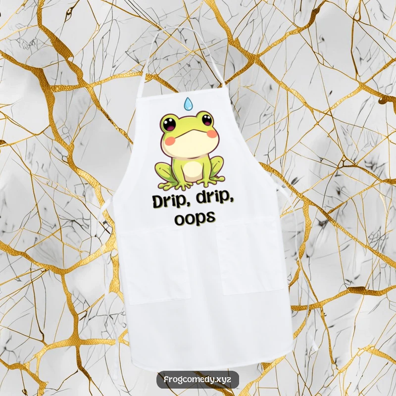 Funny Kawaii frog apron, depicts a cute frog looking surprised by a falling raindrop while cooking, humorous kitchen wear.
