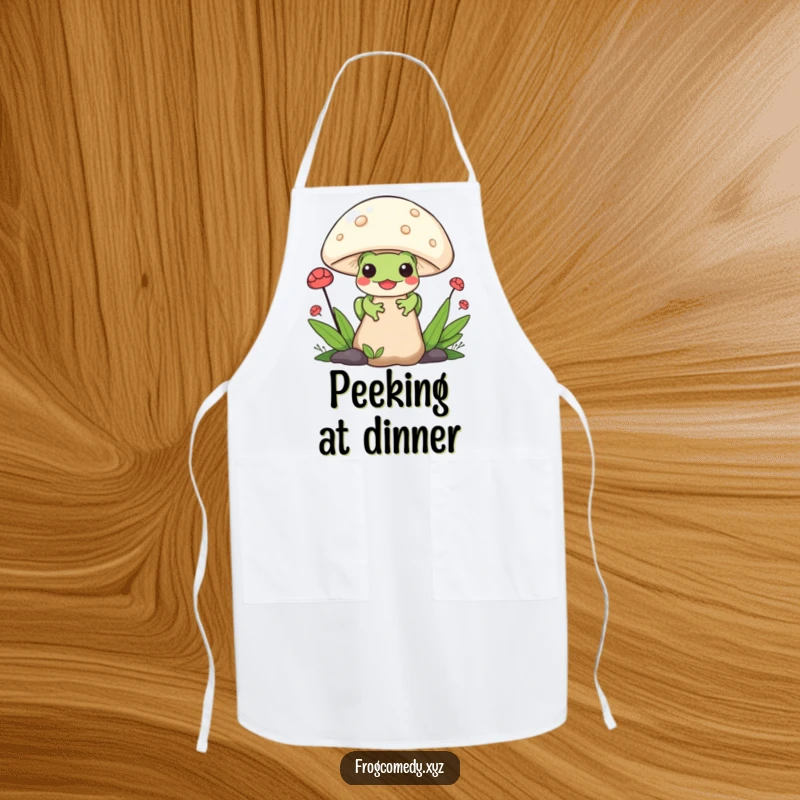 Funny Kawaii Frog Apron: A fun apron with a Kawaii frog peeking from behind a mushroom, perfect for cooking, baking, or adding charm.