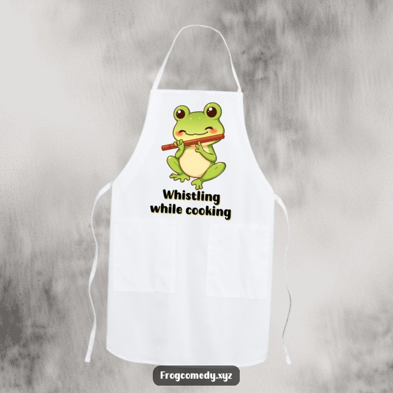 Funny apron showing a Kawaii stylized frog character with a big smile playing a tiny flute, perfect for adding musical flair to kitchen activities.