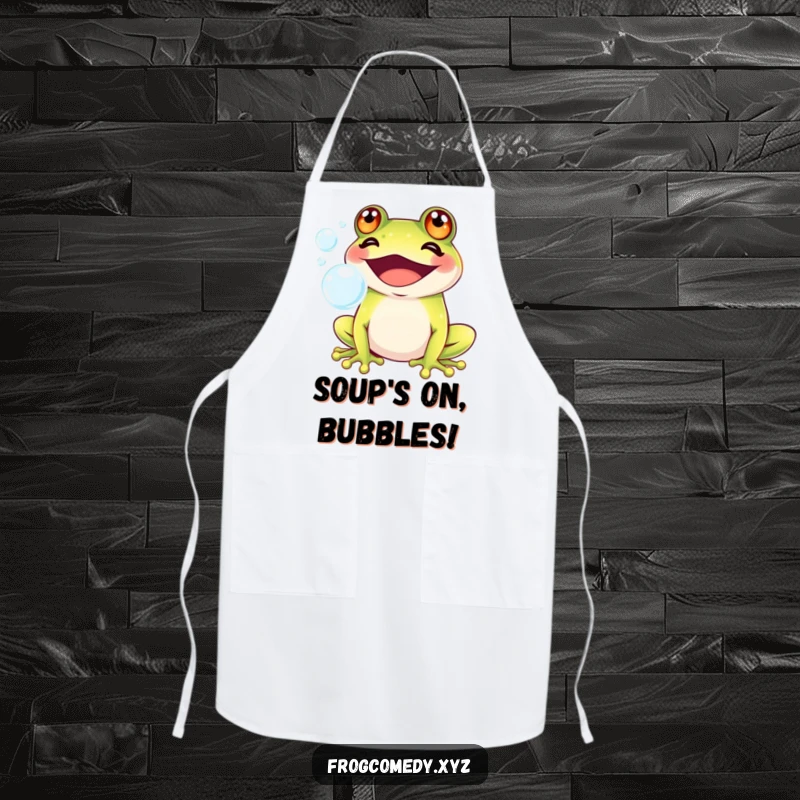 Funny Kawaii frog with a wide grin blowing iridescent bubbles, on a kitchen apron, adding cute and playful humor to cooking.