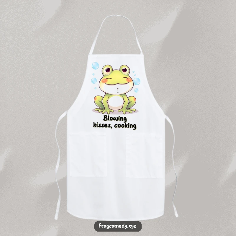 Funny Kawaii frog with a big grin blowing bubbles, making this apron a humorous and practical kitchen accessory.