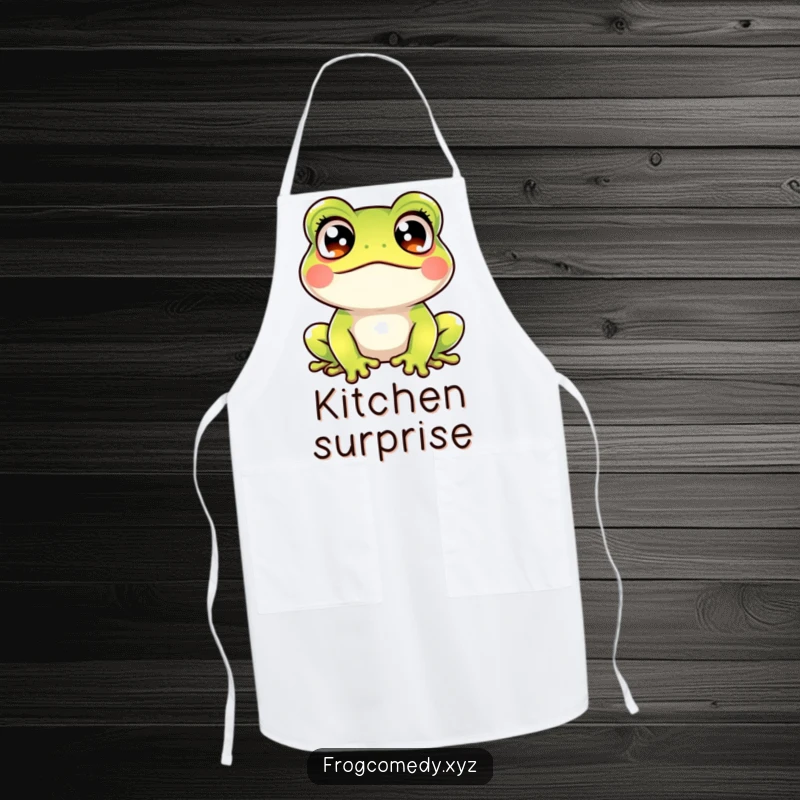Funny kawaii frog crossed eyes apron showing a cute amphibian with eyes crossed, looking startled and amused while handling kitchen tasks.