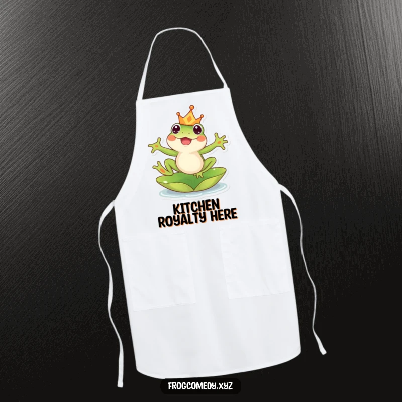 Funny kawaii frog apron, showing a crowned frog leaping joyfully from a lily pad, ideal for kitchen humor and style.