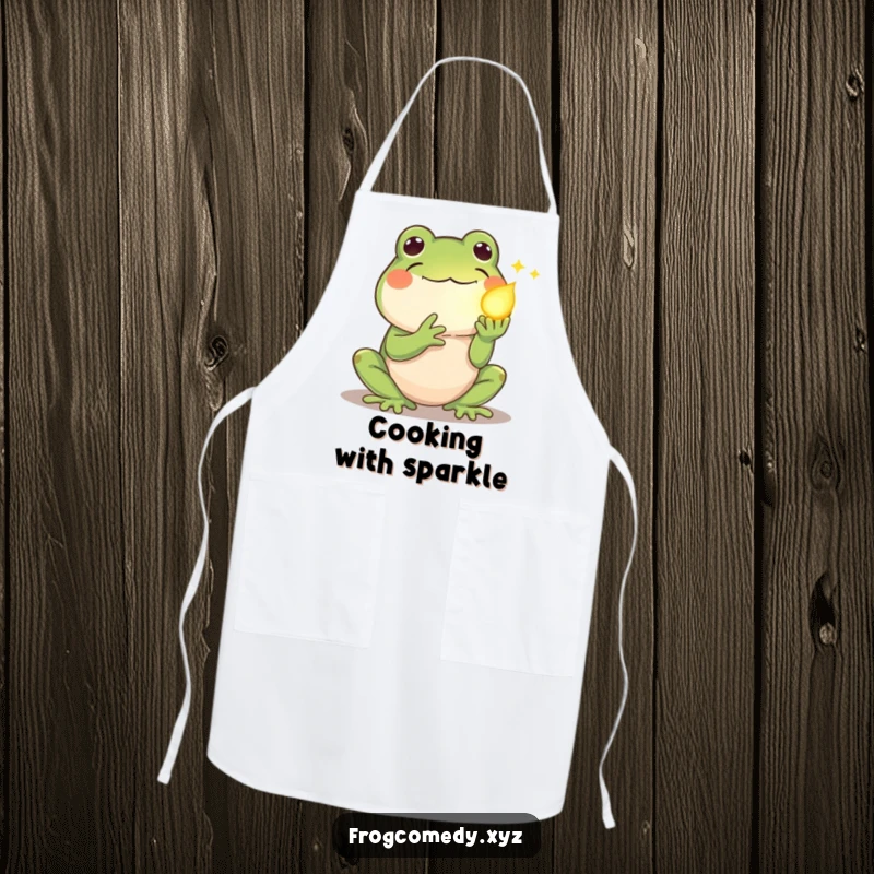 Funny kawaii frog apron, showing a shy frog offering a glowing firefly, ideal for kitchen charm and humor.