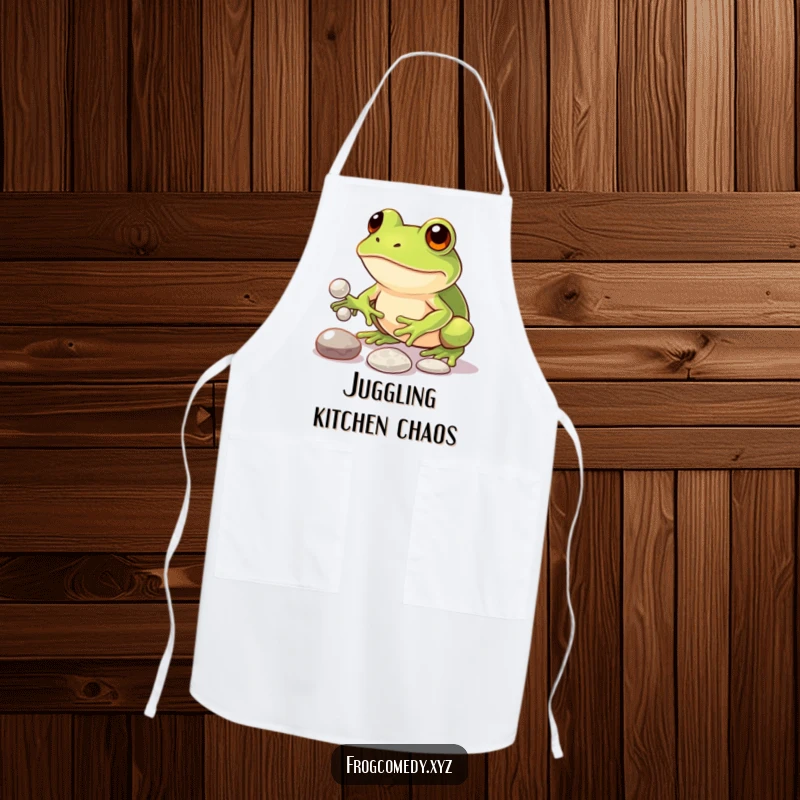 Funny apron showcasing a focused kawaii frog attempting to juggle three shiny pebbles, blending kitchen functionality with humorous determination.