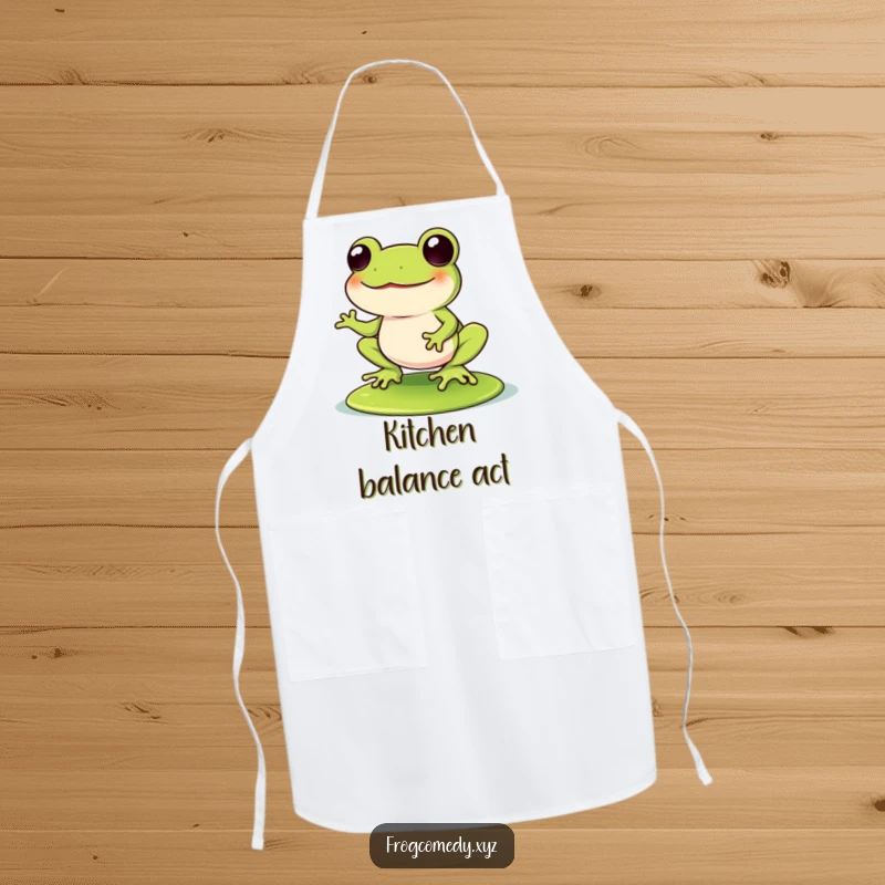 Funny Kawaii frog wobbling with laughter on a lily pad, on a kitchen apron, adding hilarious humor to cooking.