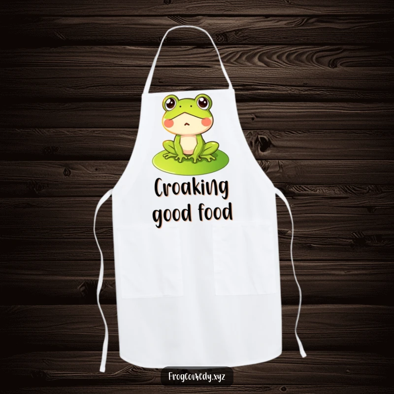 Funny apron illustrated with a shocked frog character on a lily pad, bringing humor to cooking and baking tasks.