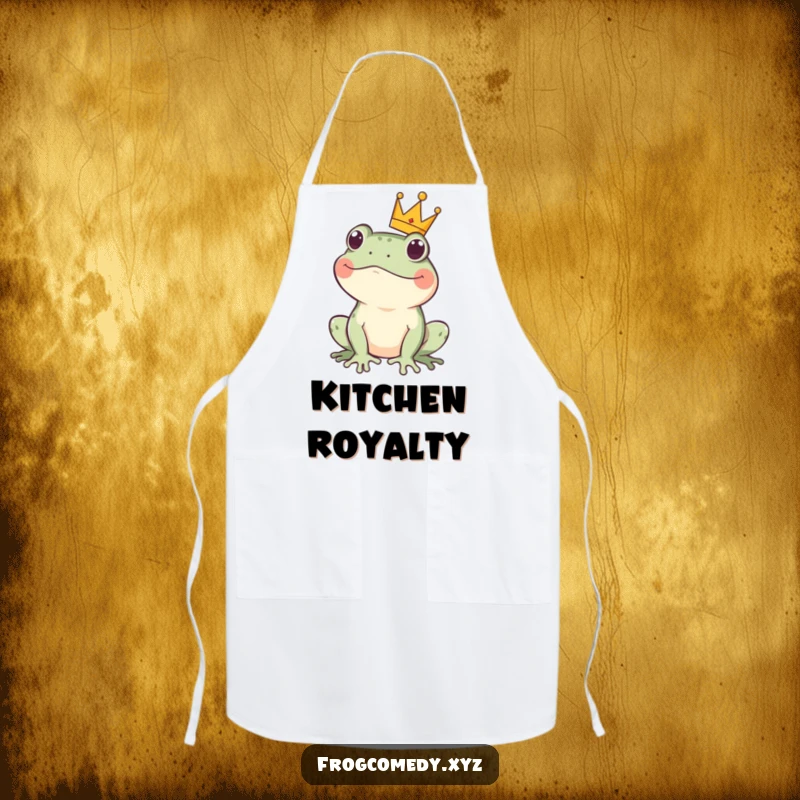 Funny kawaii frog crown apron showing a cute amphibian wearing a tiny crown, exuding royal charm while preparing food.