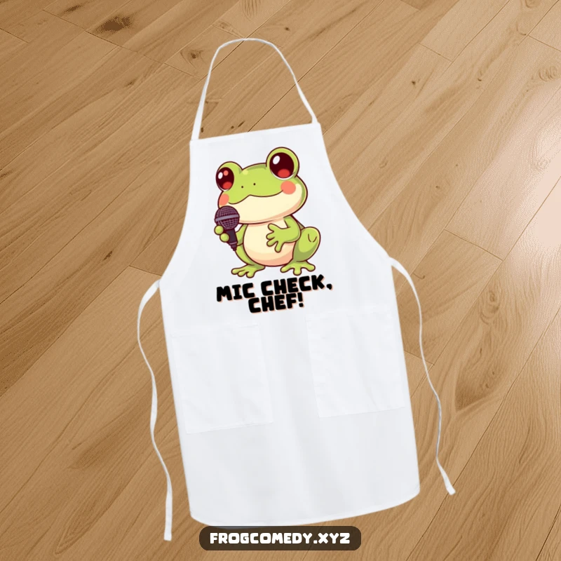 Funny Kawaii frog apron showing a cute frog holding a microphone and croaking, perfect for a music-loving cook.