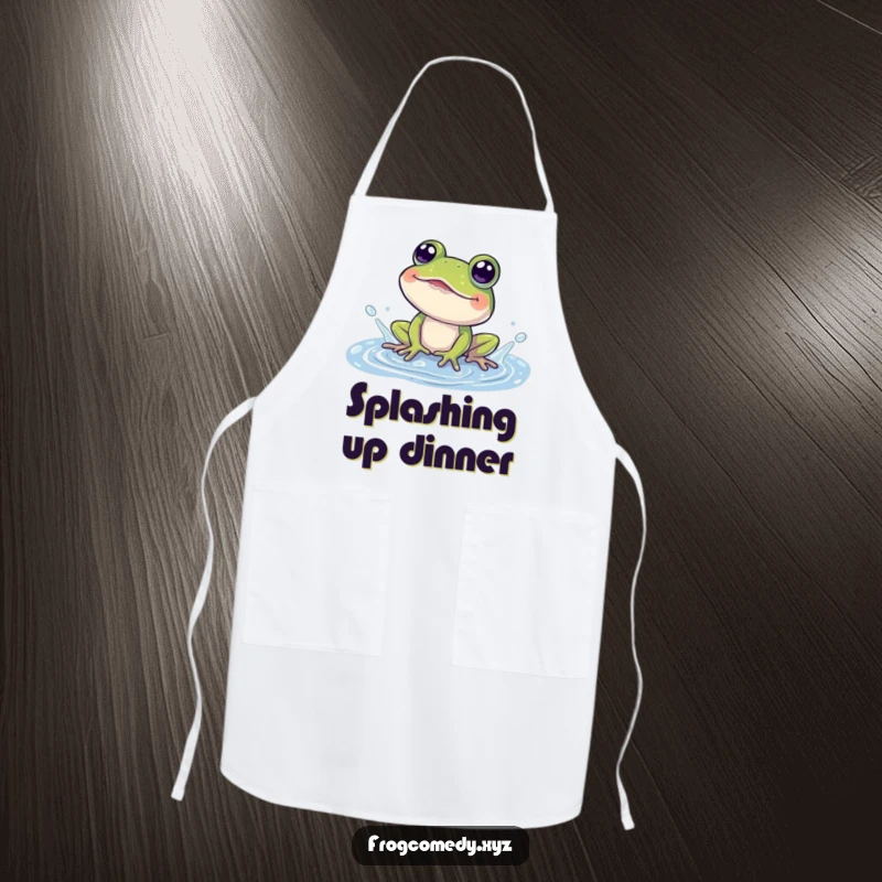 Funny apron featuring a cheerful frog splashing water in a puddle, eyes wide with amusement.