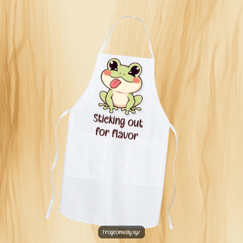Funny Kawaii frog winking playfully, tongue sticking out, making this apron a humorous and practical kitchen accessory.