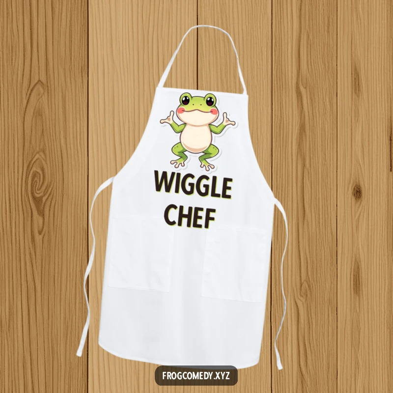Funny frog apron showing a happy amphibian doing a silly wiggle dance, ready to add humor to culinary tasks.