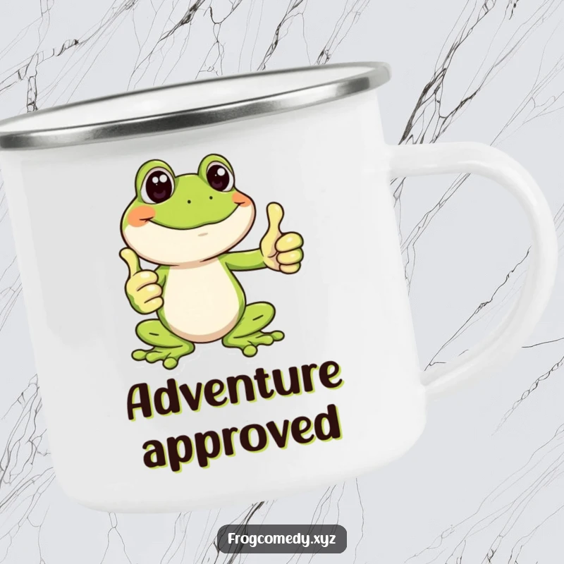 Funny camping mug featuring a happy frog giving a big thumbs up, ideal for outdoor enthusiasts who appreciate positivity.