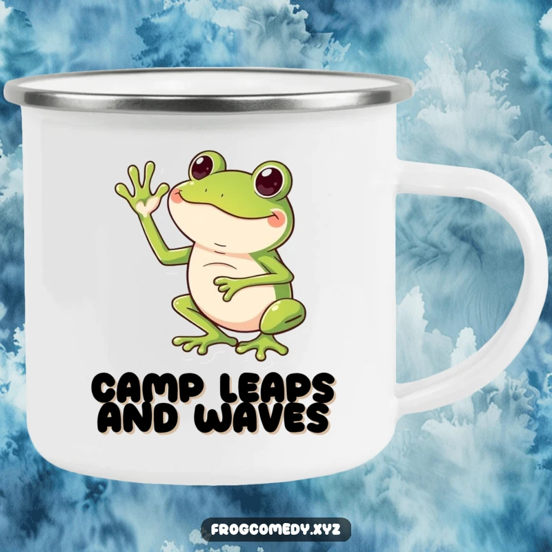 Funny camping mug with a durable design featuring a frog giving an exaggerated wave with its long legs.