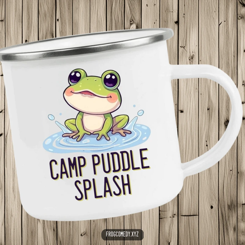 Funny camping mug with a durable design featuring a happy frog gleefully splashing in a puddle.