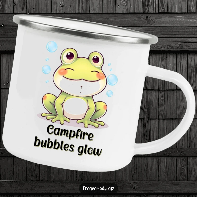 Funny Kawaii frog with a big grin blowing bubbles on a camping adventure, makes this enamel mug a humorous keepsake.