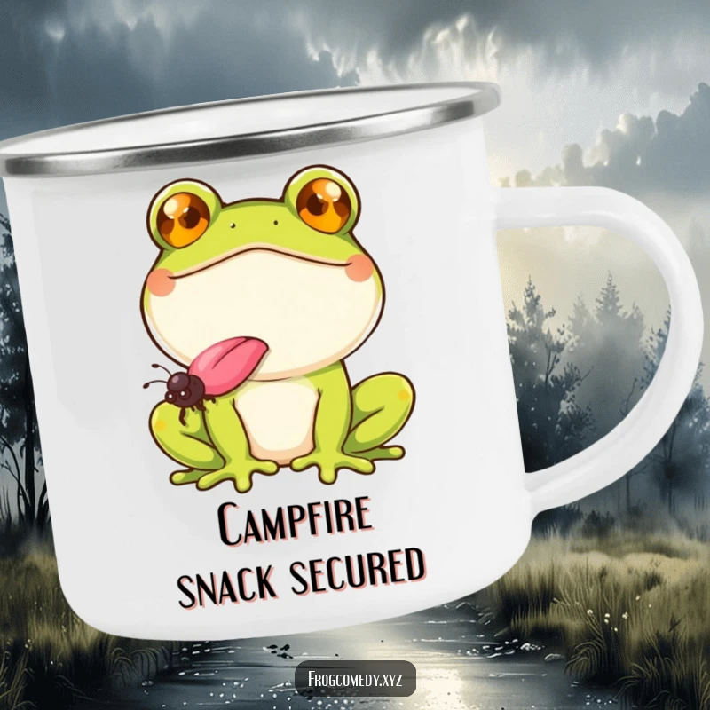 Funny frog with a wide smile, catching a fly with its tongue, on a camping mug, for humorous outdoor enjoyment.