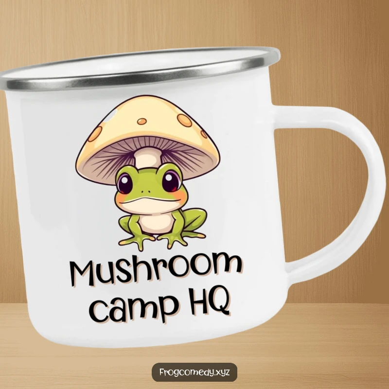 Funny frog curiously peeking from under a mushroom, on a camping mug, for humorous outdoor enjoyment.