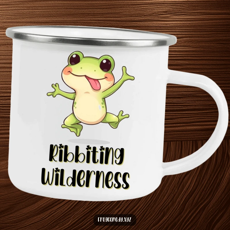 Funny camping mug with a happy frog doing a surprise leap with its tongue out, perfect for outdoor amphibian humor.