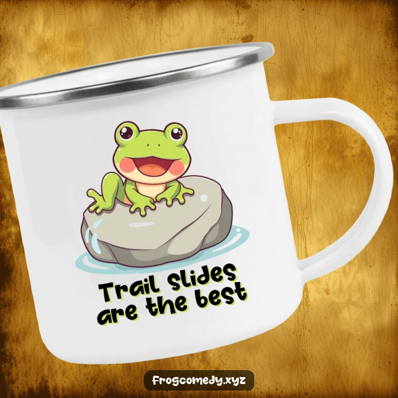 Funny enamel camping mug showing a happy frog gleefully sliding down a smooth, wet rock.