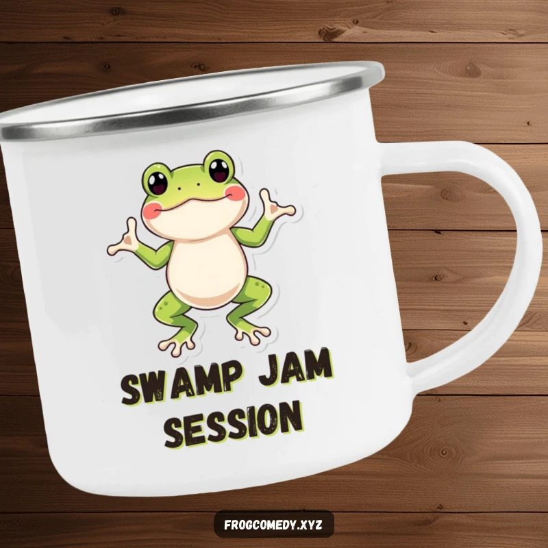 Funny frog camping mug depicting a cheerful amphibian performing a silly wiggle dance, ready for the great outdoors.