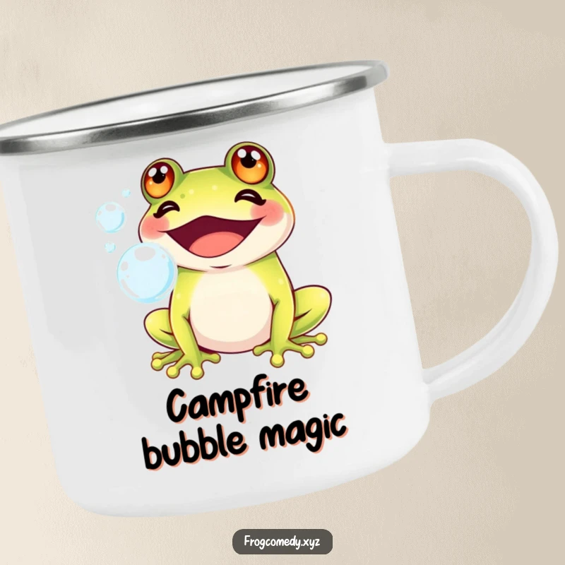Funny Kawaii frog with a big grin blowing iridescent bubbles, on a durable camping mug, perfect for enjoying drinks outdoors with cute humor.