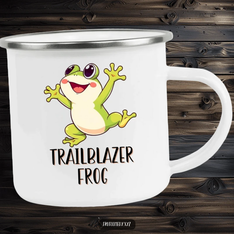 Funny camping mug featuring a Kawaii stylized frog character joyfully leaping high into the air, designed for outdoor lovers who appreciate energetic and cute art.