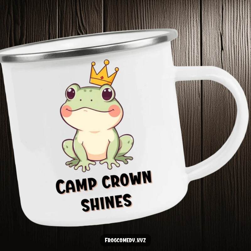 Funny kawaii frog crown camping mug featuring a durable design and a cute amphibian wearing a tiny crown, ready for regal adventures.