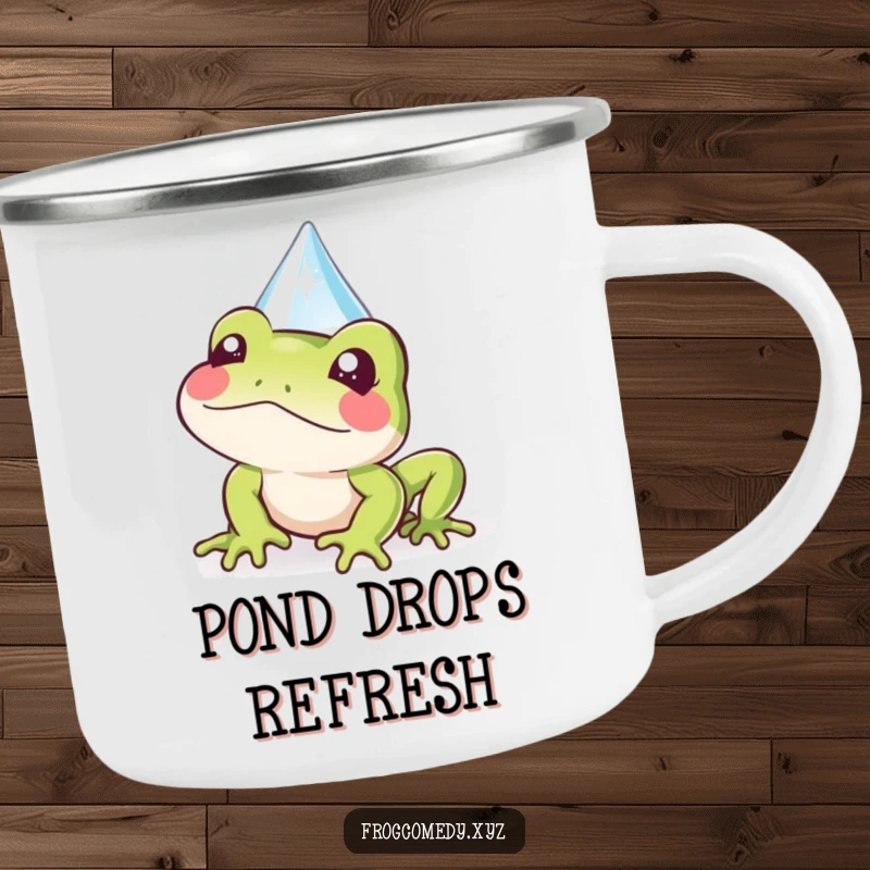 Funny Kawaii frog camping mug showing a cute frog peeking from behind a sparkly raindrop, perfect for outdoor enthusiasts who love cuteness.