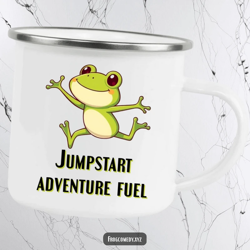 Funny frog camping mug, a smiling long-legged frog mid-high jump, durable enamel for outdoor funny gift.
