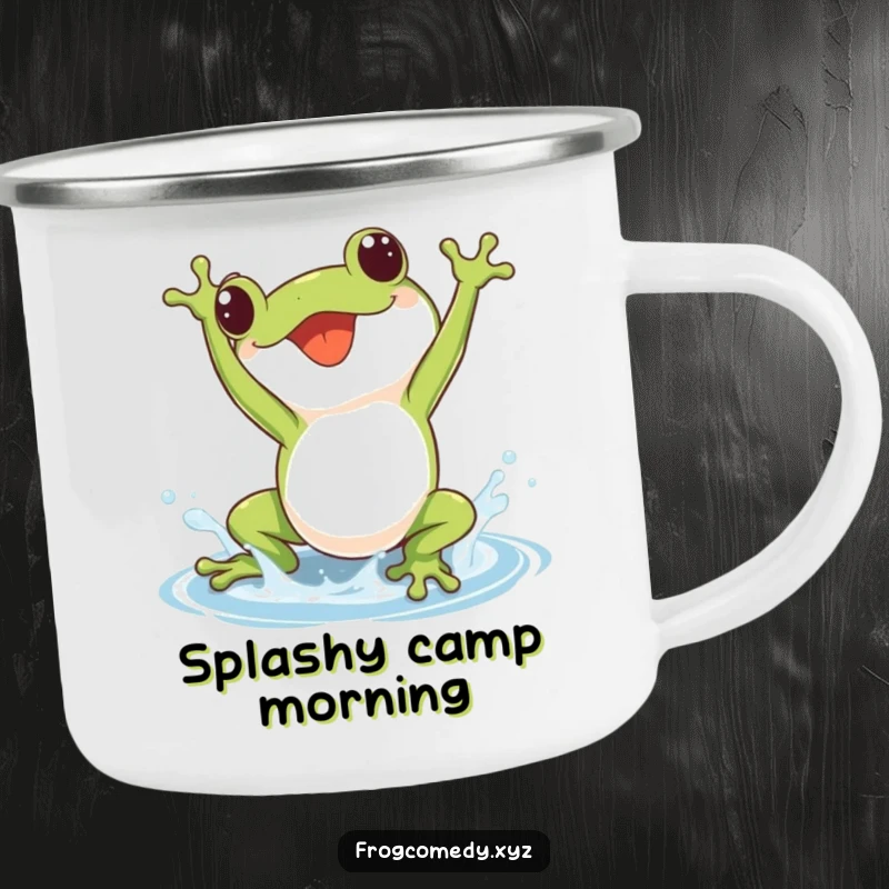 Durable camping mug featuring a kawaii frog doing a joyful somersault with a small splash, perfect for outdoor cheer.