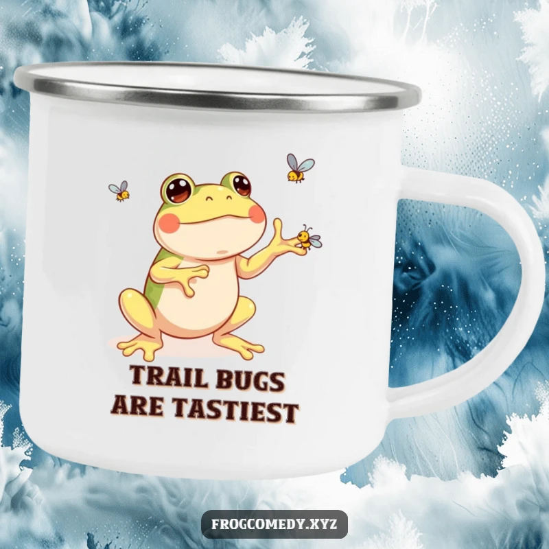 Funny kawaii frog camping mug showing a cheerful frog juggling three tiny flies, ready for outdoor adventures and good times.