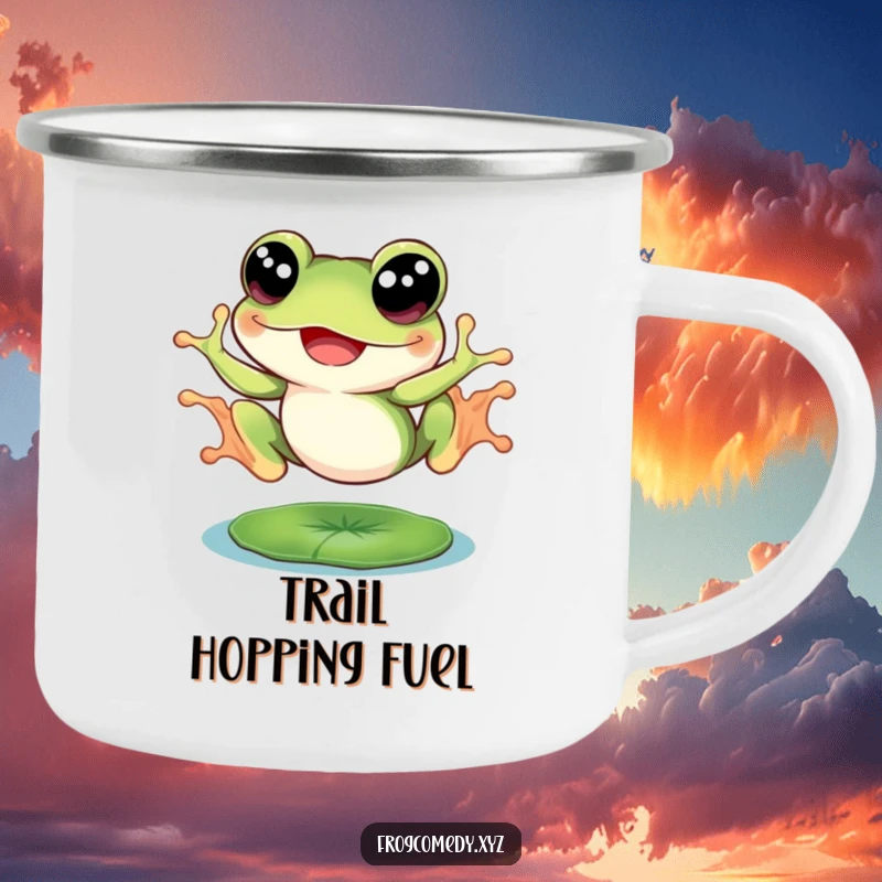 Funny frog with big eyes, joyfully leaping from a lily pad, on a camping mug, for humorous outdoor enjoyment.
