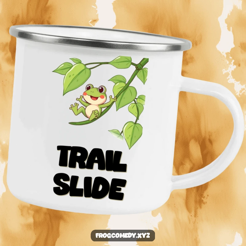 Funny camping mug with a delighted frog sliding down a long, leafy vine, great for outdoor adventures.