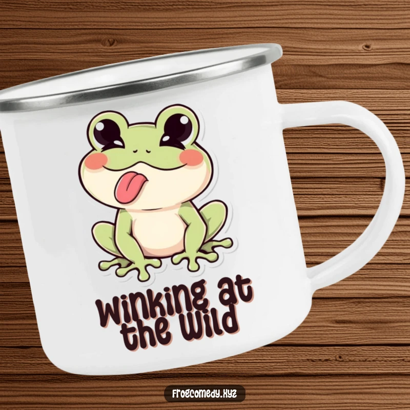 Funny Kawaii frog winking playfully, tongue sticking out, on a camping trip, makes this enamel mug a humorous keepsake.