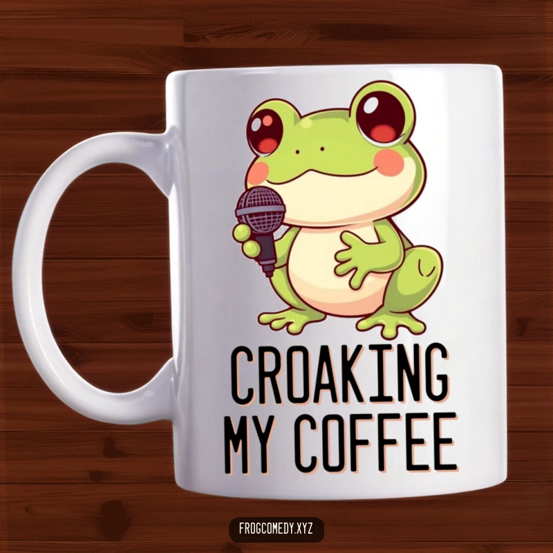 Funny Kawaii frog mug featuring a cute frog holding a tiny microphone and croaking cheerfully, ready for a song.