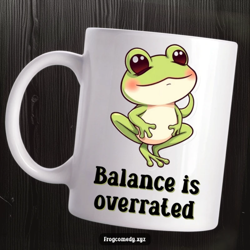 Funny frog balancing on one toe with a mischievous wink, ceramic mug design for comic relief.