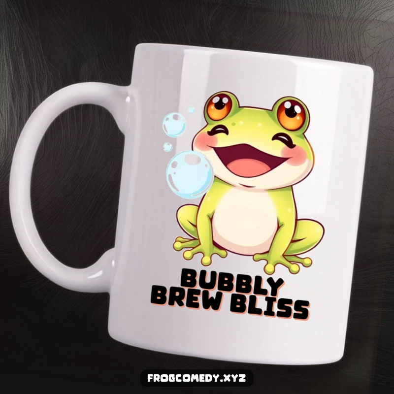 Funny Kawaii frog with a big grin blowing iridescent bubbles, exuding pure happiness and playful charm on a delightful mug.