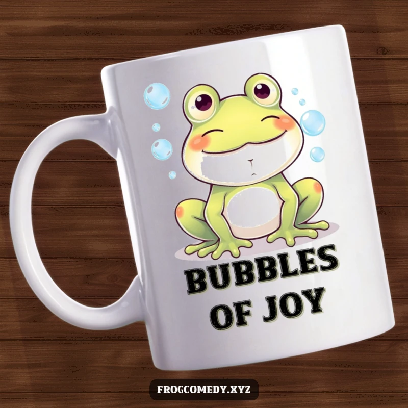 Funny Kawaii frog with a huge grin, happily blowing iridescent bubbles, on this delightful and humorous mug.
