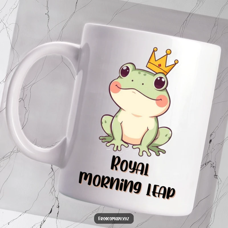 Funny kawaii frog mug featuring a cute amphibian wearing a tiny crown, looking regal but with a playful, friendly expression.