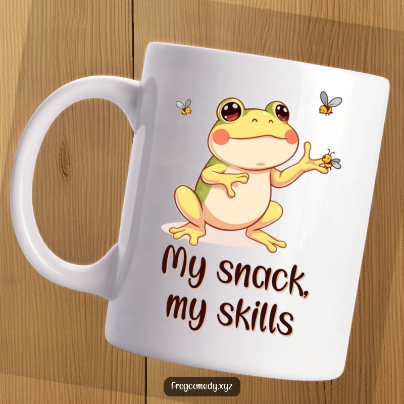 Funny Kawaii frog mug with a delighted expression, expertly juggling three small flies in mid-air, showcasing pure joy and whimsy.