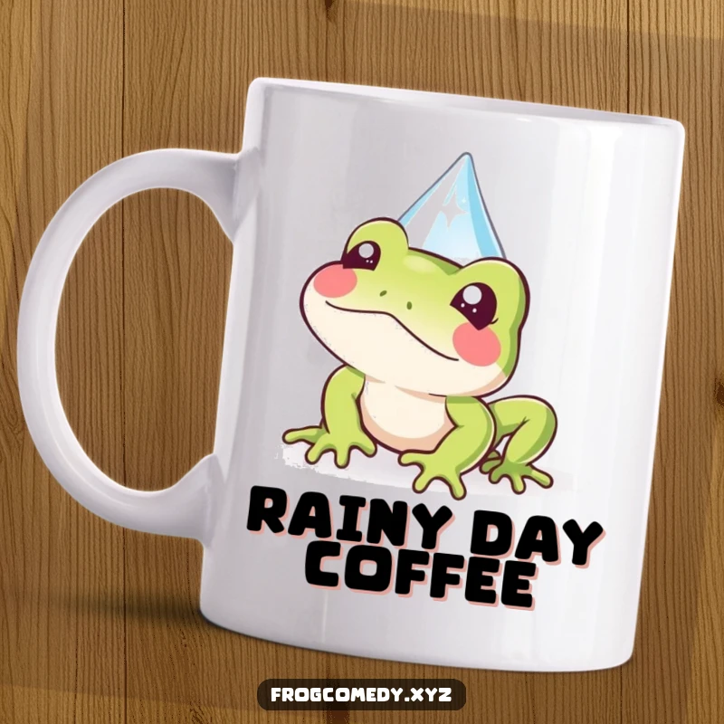 Funny Kawaii frog mug showing a cute frog peeking out from behind a sparkly raindrop, a playful and charming design.